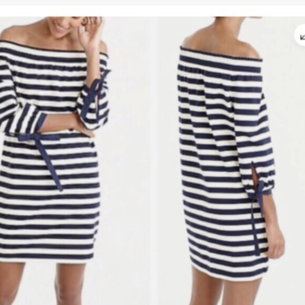 J. Crew Navy and Cream Striped Off Shoulder Dress Size XS